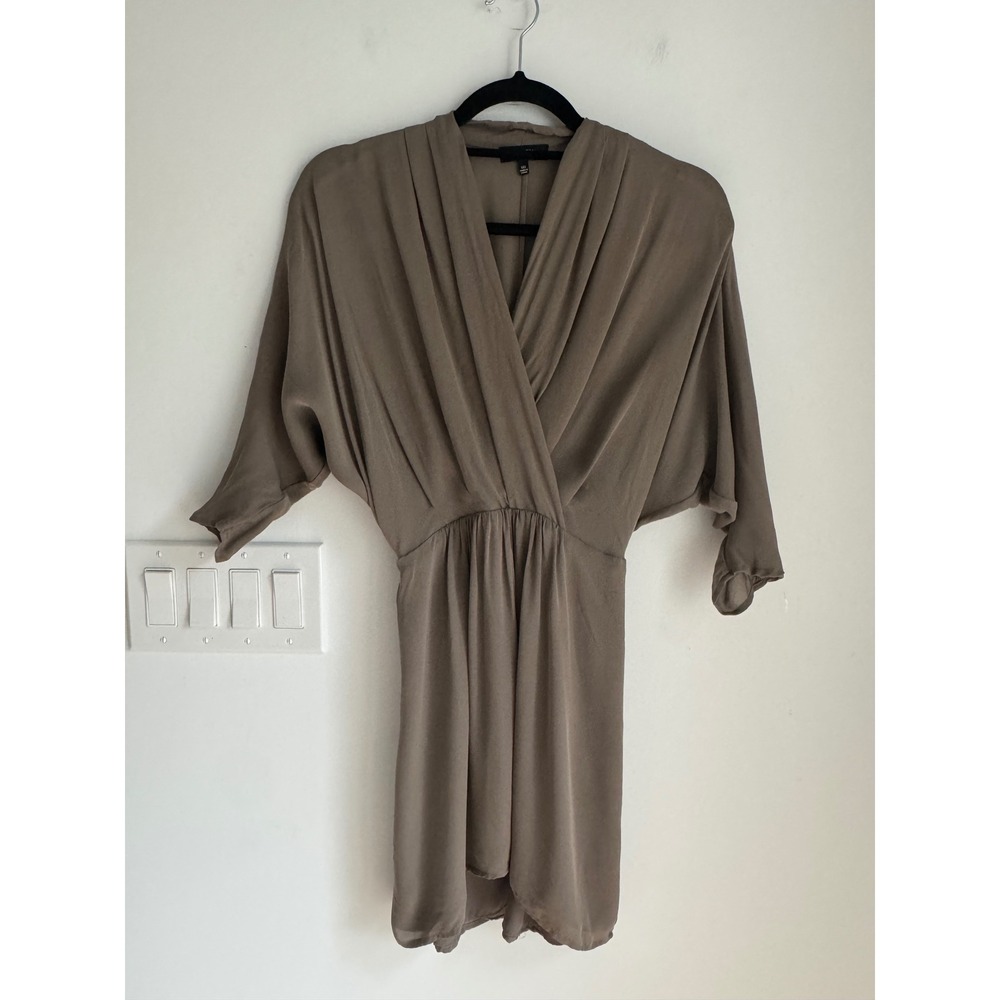 Babaton Aritzia 100% Silk Surplice V-Neck Mini Dress Taupe Brown XXS